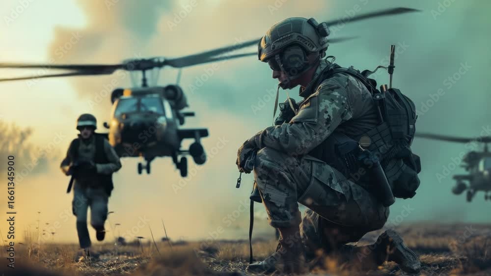 A military soldier is positioned near a helicopter A military soldier is positioned near a helicopter