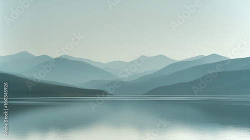 Minimalist landscape with distant low mountain range in soft gray outlines reflected on a calm gray-blue lake, 70% water, thin strip of pale sky, smooth gradients, no elements