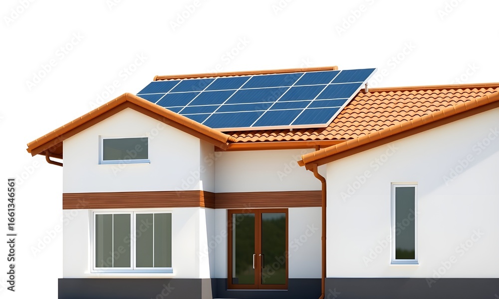 Fototapeta premium Modern home showcases sleek solar panels on a terracotta tiled roof, symbolizing clean energy adoption.