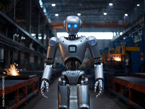 Futuristic humanoid robot standing in a modern factory with sparks from welding adding drama to the scene highlighting advanced technology