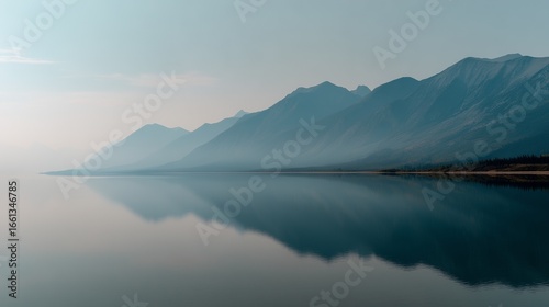 Minimalist landscape with distant low mountain range in soft gray outlines reflected on a calm gray-blue lake, 70% water, thin strip of pale sky, smooth gradients, no elements
