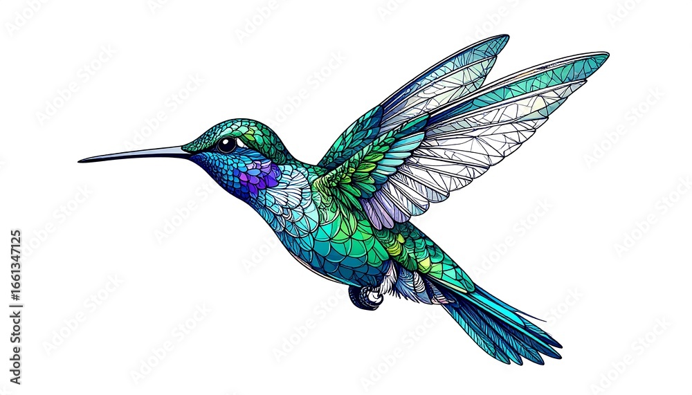 Obraz premium Hummingbird in flight, white background, detailed art