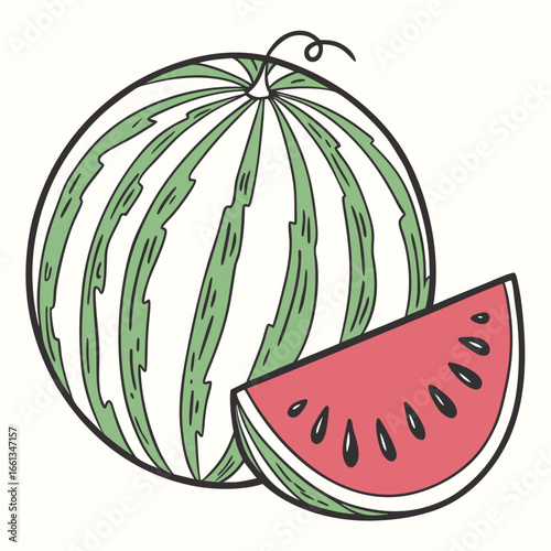 Watermelon illustration with a slice showing seeds and striped rind for summer freshness and sweet taste, a vibrant and refreshing fruit