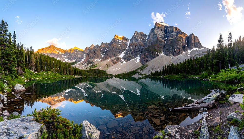 Obraz premium Mountain lake sunrise reflection panorama
