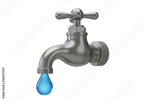 Isolated Realistic Metal Water Faucet with a Single Dripping Blue Water Drop