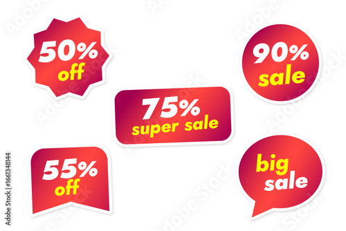 Set of vector red discount stickers with white and yellow price text