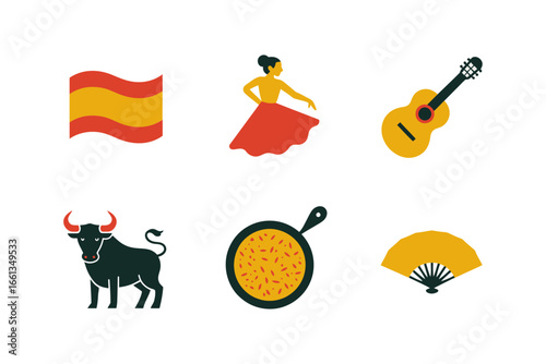 Spain symbols collection, bull, flag, red dress dancer, paella pan, guitar, castanets, hand fan, fiesta icon set, tourism vector