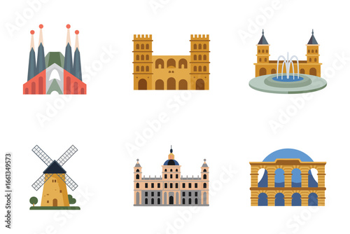 Spain architecture icons, cathedrals, castles, windmills, coastal city landmarks, travel vector set, tourism design, European heritage collection