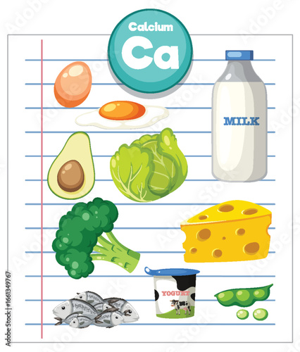 Calcium Rich Foods Vector Illustration on Lined Paper