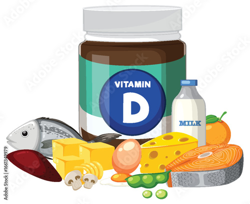 Vitamin D Rich Foods and Supplement Jar Illustration