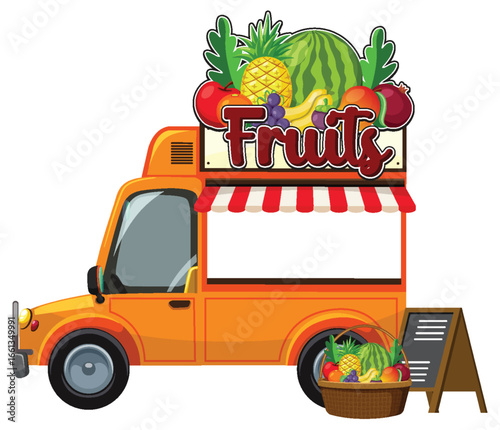 Colorful Fruit Truck with Market Basket and Sign