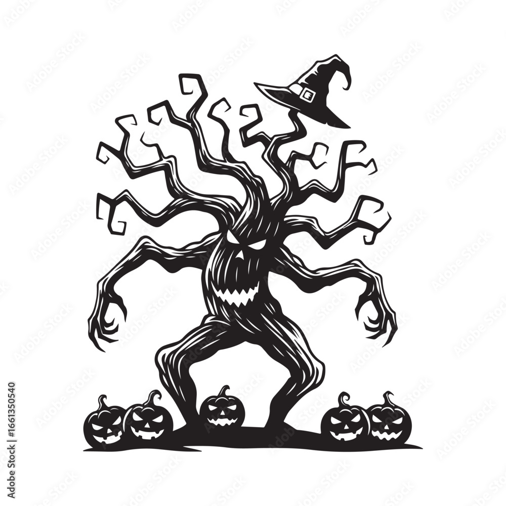 Fototapeta premium Spooky Halloween tree with witch hat and jack o lanterns