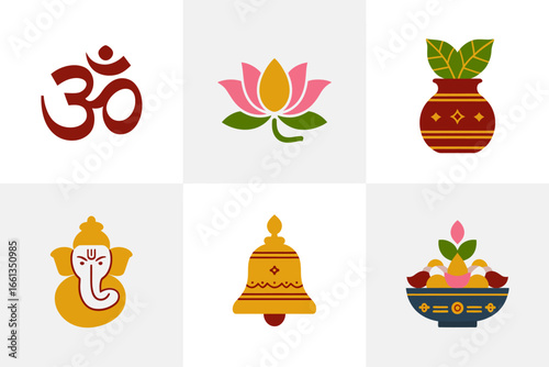 Om and lotus pack, divine symbols with bell and kalash, worship and meditation icons, vector illustration