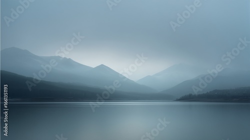Minimalist landscape with distant low mountain range in soft gray outlines reflected on a calm gray-blue lake, 70% water, thin strip of pale sky, smooth gradients, no elements