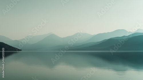 Minimalist landscape with distant low mountain range in soft gray outlines reflected on a calm gray-blue lake, 70% water, thin strip of pale sky, smooth gradients, no elements