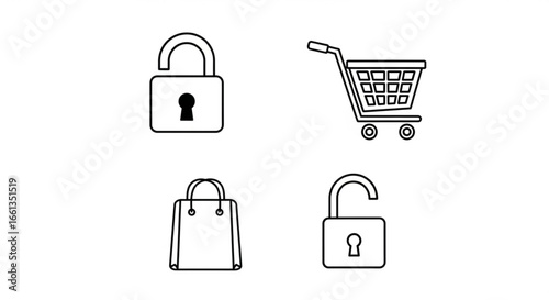 Illustration showing an open padlock, shopping cart, shopping bag and another open padlock design