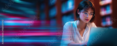 The Laptop in a Quiet Library: Focused Student Working Late at Night