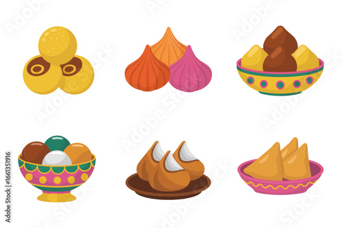 Festive dessert set, laddoo modak jalebi, assorted mithai bowls, celebration food icons, colorful vector pack