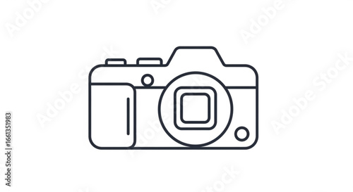 Illustration of a digital single lens reflex camera with a simple outline design style shown in black