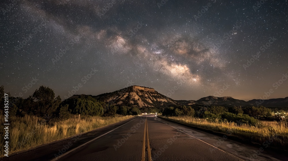 Fototapeta premium Vast Milky Way galaxy illuminates desert highway leading towards majestic mesa under starry night sky