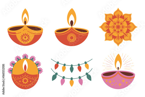 Diwali diyas with rangoli flowers and garland, cultural festival decoration, warm lamp vector set