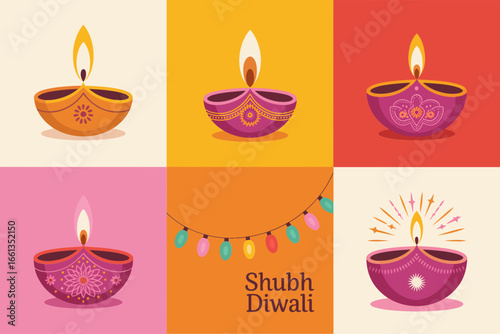 Diwali diya collage in block tiles, glowing lamps and sparkles, holiday celebration vector icons