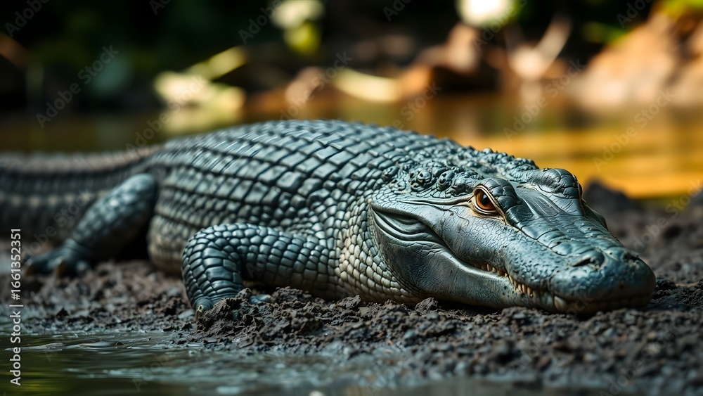 Obraz premium Large saltwater crocodile resting still on muddy riverbank