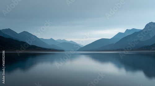 Minimalist landscape with distant low mountain range in soft gray outlines reflected on a calm gray-blue lake, 70% water, thin strip of pale sky, smooth gradients, no elements
