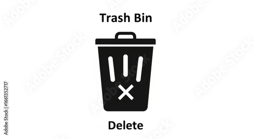 Illustration of a black trash bin with an x inside and the word delete below it on a white background