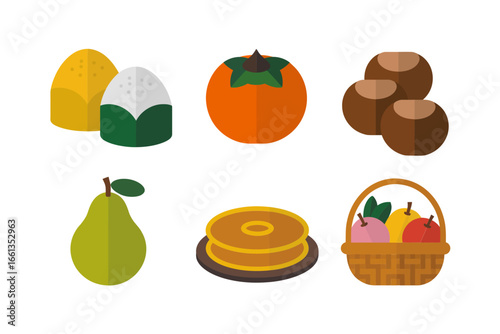 Autumn harvest foods set, pear persimmon rice cake chestnut, festive bowl basket, seasonal celebration icons
