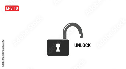 Illustration of an unlocked padlock with the word unlock next to it on a white background