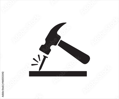 Hammering a nail into wood silhouette for construction and repair projects with workshop tools vector graphic icon design for carpentry