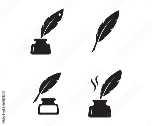 Elegant Quill Pen and Ink Bottle Illustrations for Writing and Design Projects Black and White Collection Set of Four Designs