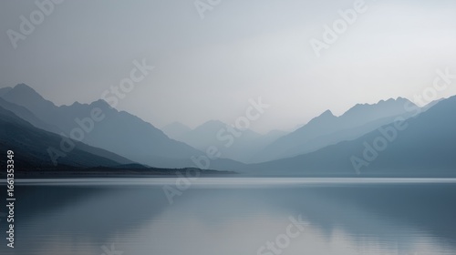 Minimalist landscape with distant low mountain range in soft gray outlines reflected on a calm gray-blue lake, 70% water, thin strip of pale sky, smooth gradients, no elements