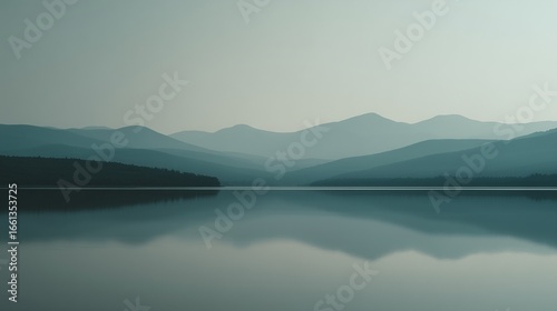 Minimalist landscape with distant low mountain range in soft gray outlines reflected on a calm gray-blue lake, 70% water, thin strip of pale sky, smooth gradients, no elements