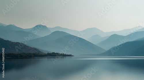 Minimalist landscape with distant low mountain range in soft gray outlines reflected on a calm gray-blue lake, 70% water, thin strip of pale sky, smooth gradients, no elements