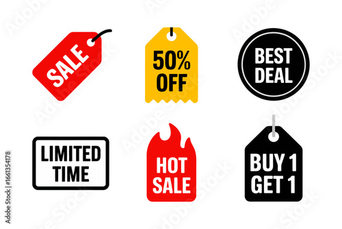Shopping sale icons, price tag with percent, shopping cart and basket, gift box and bag, retail discount graphics, marketing vector clipart, ecommerce promotion elements