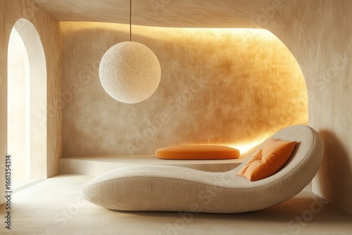 Beige lounge chair near a curved sofa with orange vibrant cushions and a large ball pendant light, representing minimalist home interior design for a modern living room. 3D rendering, Generative AI