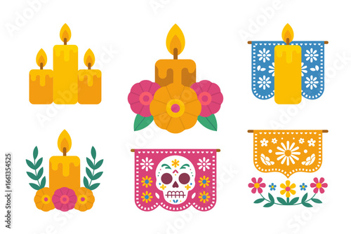 Ofrenda altar decorations, candles framed photo drinks bread fruit, papel picado banners, marigold flowers, day of the dead vector collection, home remembrance