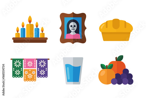 Candle altar with framed photo, fruit and drink offerings, papel picado, marigold wreath, day of the dead home memorial, vector clipart