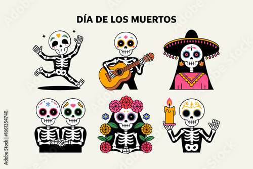 Dia de los muertos characters, skeleton family with guitar, celebration scene, vintage paper background, cultural holiday vector, adorable clipart set