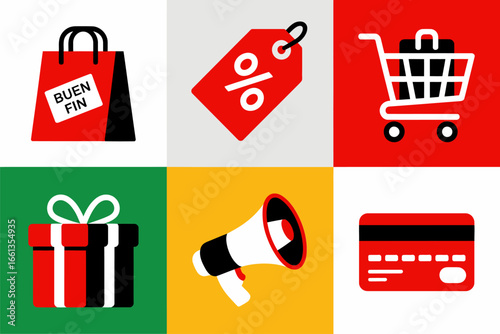 Ecommerce promo icons, shopping cart gift box bag, sale tag percent sign, marketing elements, retail discount vector set, store promotion clipart