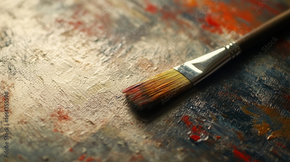 Fototapeta premium Paintbrush resting on colorful painted canvas in studio