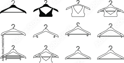 Minimalist black and white vector set of bras and hangers, lingerie storage icons, clothing organizer illustrations, fashion wardrobe essentials, editable template 