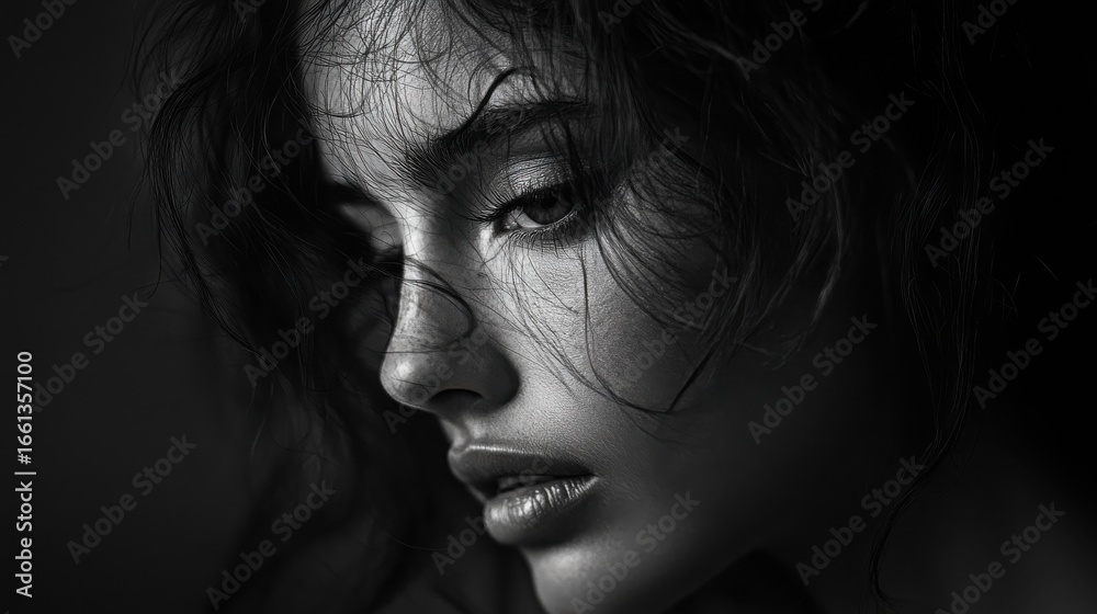 Fototapeta premium Serious young woman in dark studio with artificial lighting