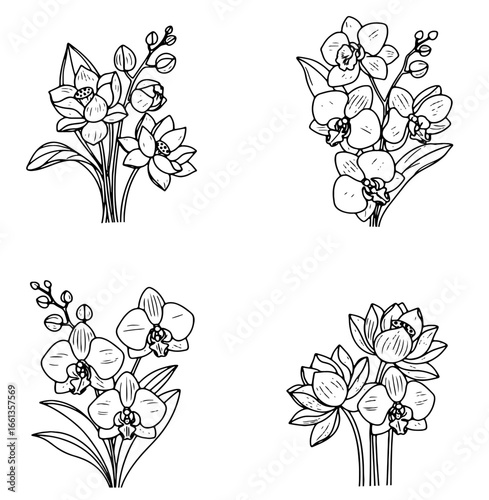 Four different outlined drawings of lotus and orchid flowers add botanical beauty and elegance to your design projects.