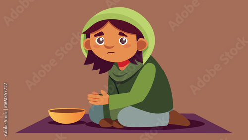 Illustration of a sad looking child with a hood sitting next to a bowl on a mat on the ground