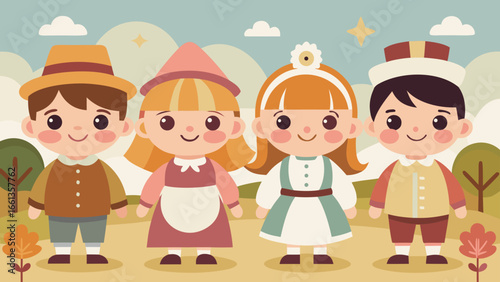 Illustration of four children in costumes standing in a landscape with trees and clouds up above