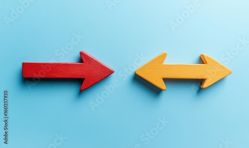 Image of two bold arrows in contrasting colors pointing directly at each other, symbolizing opposition, conflict, or a standoff, often used to represent a dispute or a debate concept, Generative AI