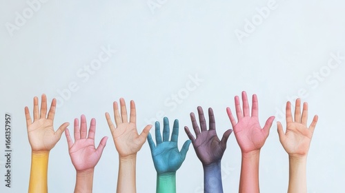 Diverse hands raised in unity, painted in various colors
